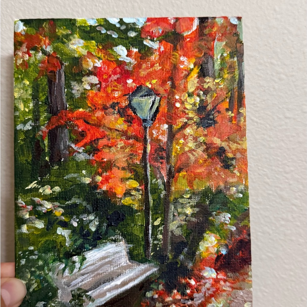 Original Vibrant Autumn Walkway Acrylic Canvas Panel Painting 5x7in